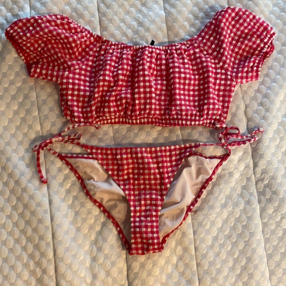 Pink checked two piece bikini